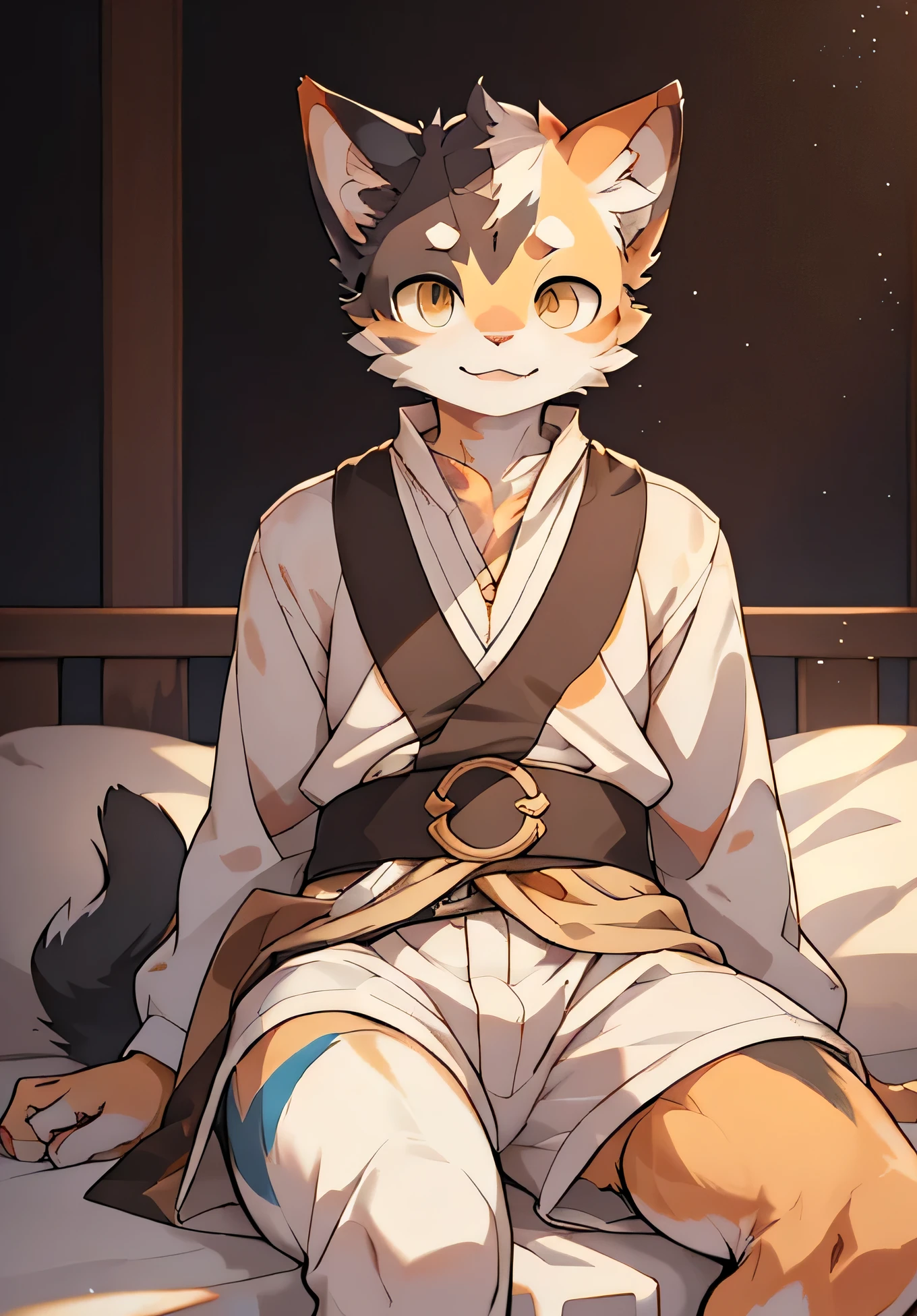 (Best image quality),(masterpiece),(((The only person))),(Ultra Detailed),(Calico cat:1.5), (White skin:1.3), hairy,(Light blue fur:1.3),((Golden Eyes)) ,(White ears),(hairy animal ears),((Plain clothes)),Open your mouth slightly,Smile,small and sharp,natural lighting,Complex background,Delicate face,Details on the face,character focus,Detailed clothes,Depth of Field,Perfect lighting,Light Particles,Clear focus,Light Particles,Solitary,Front view,Sitting on the bed,handsome,Handsome,Bad laugh,