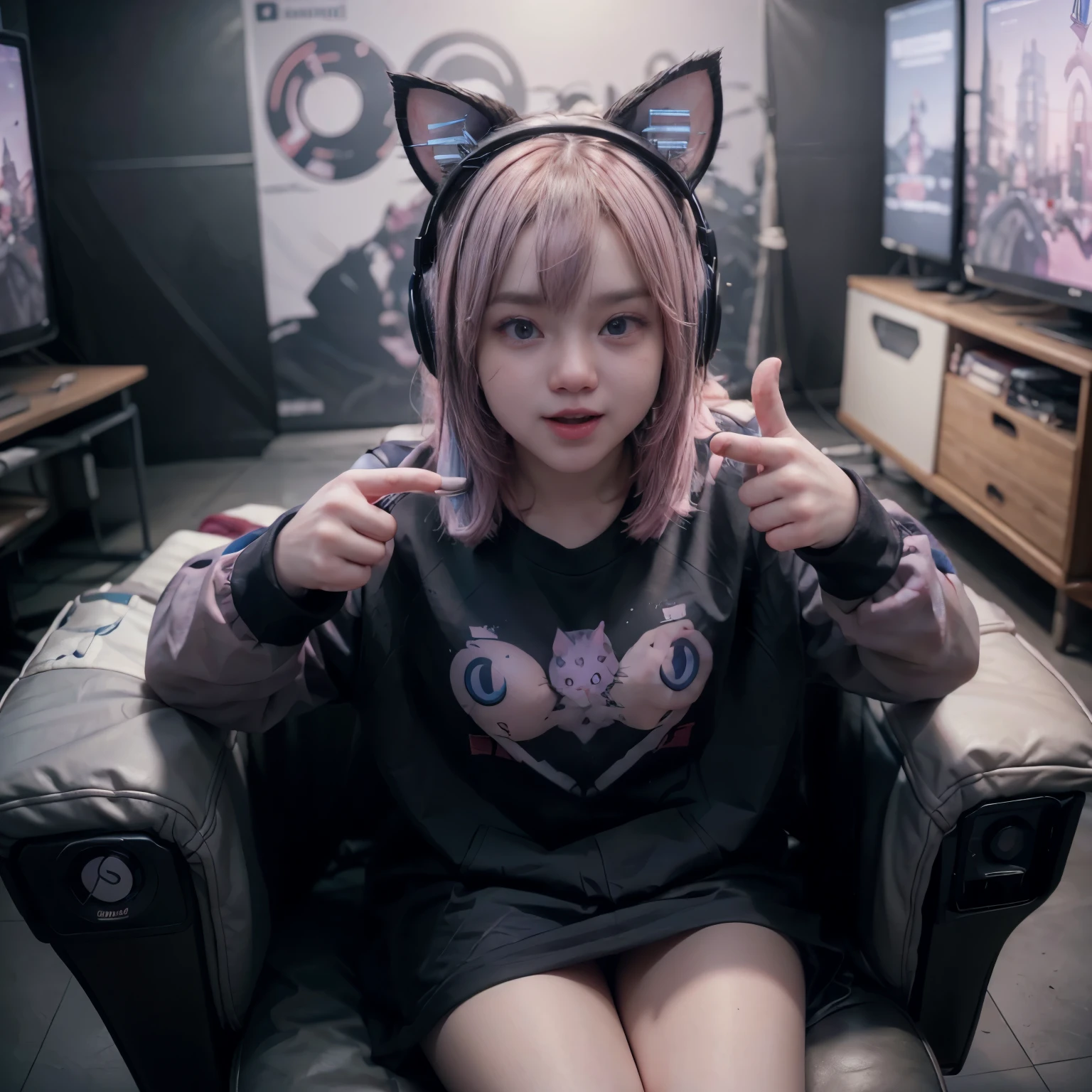 8k RAW photo, A young naked girl, winning gaming competition, really happy, hurray! hands up, thumbs up, sitting, playing game, pink gaming headphone, cat ears, pink and blue hair, temptating on the gaming chair, hi tech gaming room, unbuttoning long sleeve black shirt, tie, showing nipples, pussy, 