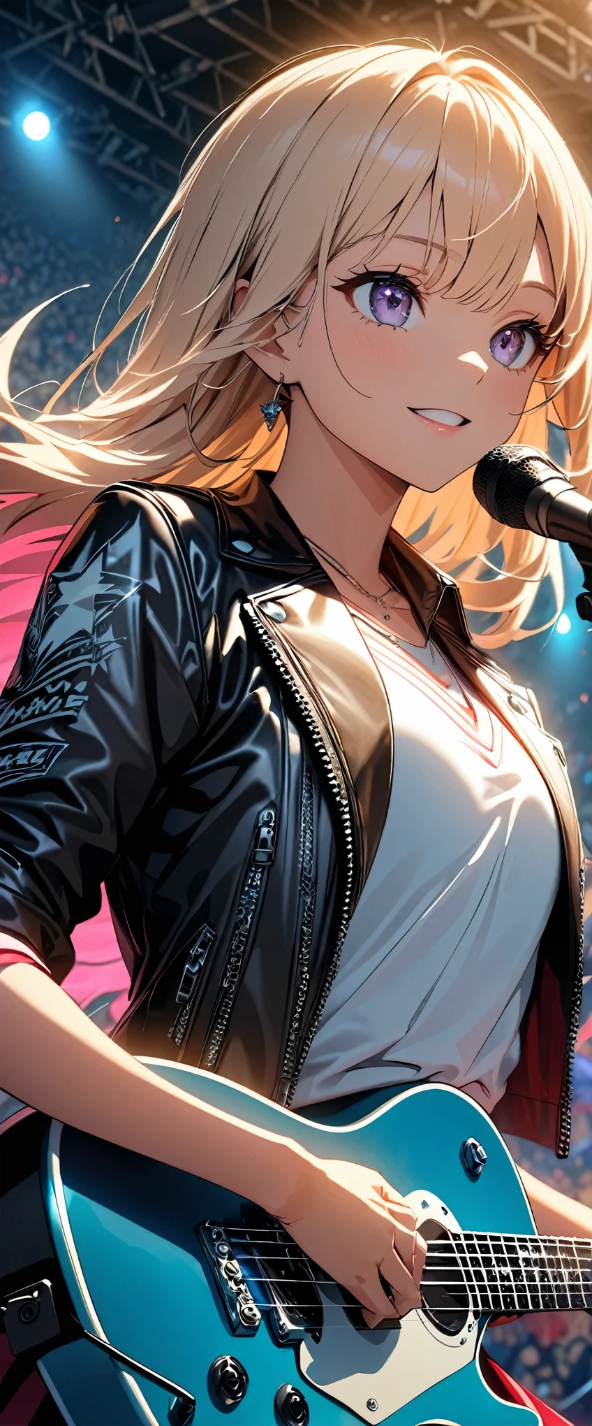 (highest quality, 4k, High resolution, masterpiece:1.2), Very detailed, (anime, animeスタイル:1.37, High Contrast), Cinematic Light, Bright colors and fascinating effects, Soft and delicate lighting, Lens flare, The whole scene has a beautiful and gentle atmosphere., Portrait、girl、singer、stage、performance、Rock Music、Bright colors、Beautiful detailed eyes、Beautiful detailed lips、Long Hair、Mike stand、Music band、Energetic pose、Concert Light、Smoke effect、 Edgy Style、leather jacket、Dynamic Movement、Hypnotic voice、Stadium、Amplifier、Noise々new crowd、Loud music、Electric guitar、Powerful vocals、情熱的なperformance、きらめくstage、Concert atmosphere、Music Festival、Full of emotion、Rock star attitude、Resolute expression、Ecstatic fans、魅力的なstageの存在、 Expressive gestures、Rock star aura、Electric atmosphere、Sing with heart and soul、An unforgettable show。