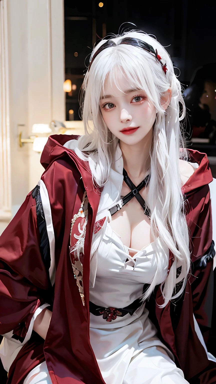 Long white hair - Red eyes - Black hair accessory - Hoodie - Elegant - Mysterious - Less revealing - Modest - Unique - Smiling - Attractive - Presence