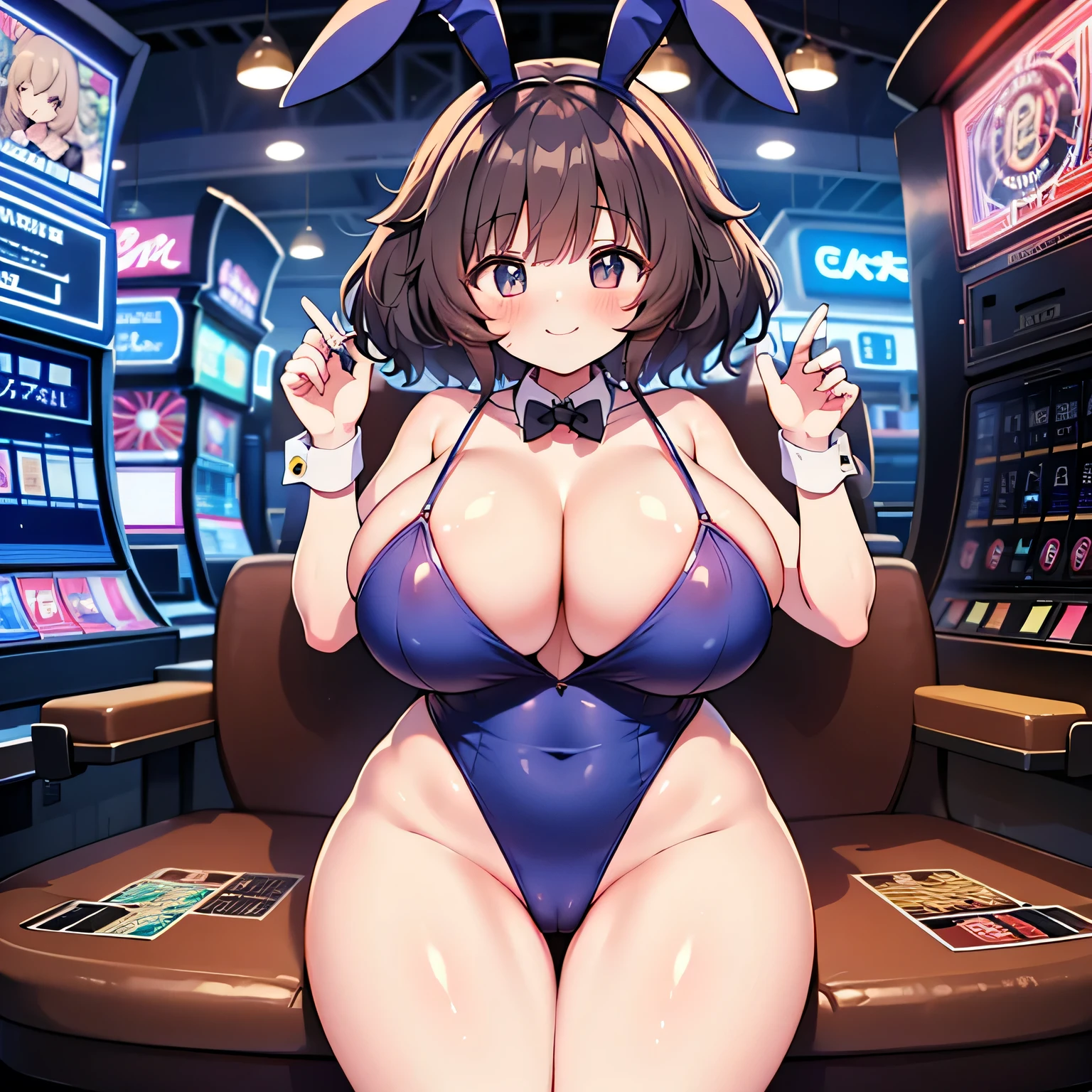 Anime illustration、highest quality、cyber punk、Fantasy、A voluptuous, sexy bunny girl with brown skin、dealer、Bunny ears、A large and luxurious casino、Slot Machineagic giant roulette wheel、Big Breasts、Thick thighs、Beautiful, shining eyes、Cowboy Shot、smile、Noise Reduction