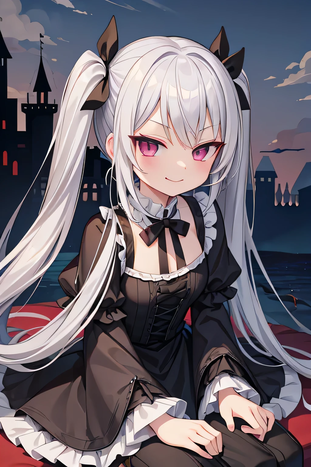 highest quality、Smirking face、vampire、Gothic Lolita、Long twin tails、Silver Hair、Castle