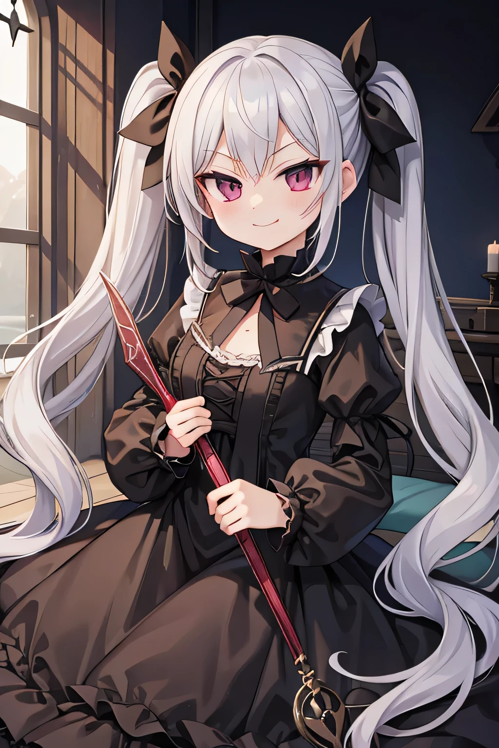 highest quality、Smirking face、vampire、Gothic ****ta、Long twin tails、Silver Hair、Castle