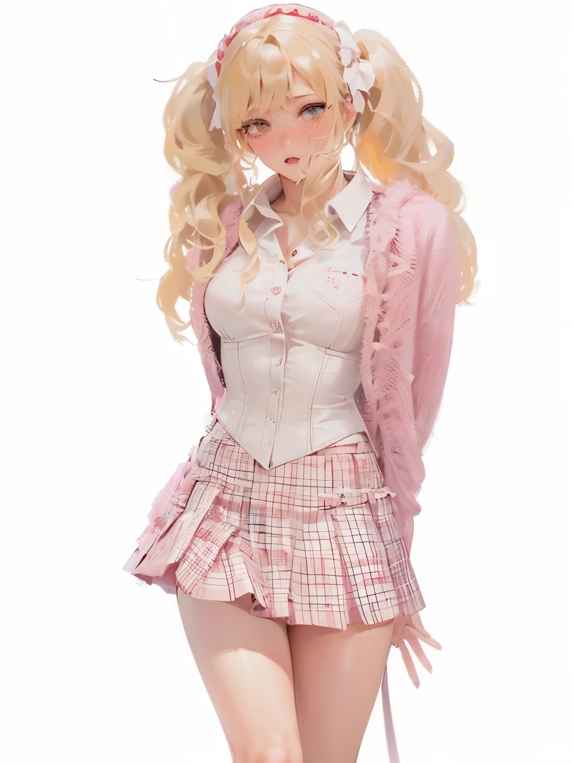 Arrange pose,Top quality work，Show Legs，((wavy Creamy Golden Blonde hair)),(Creamy Blonde hair),(two ponytail),(wavy hair),(golden eyes), Rose cheeks, Pretty Face, A perfectly proportioned face,  wearing pink corset and pink plaid skirt, white stockings，full-body view， amazing, Large round chest、Beautiful eye details、Beautiful eyelashes、beautiful double eyelid, with blush cheeks,