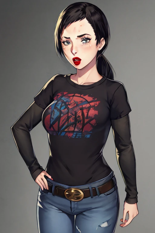 Ellie, 1girl, solo, standing, black t-shirt, white shirt, blue jeans, belt, lipstick, large breasts, layered sleeves