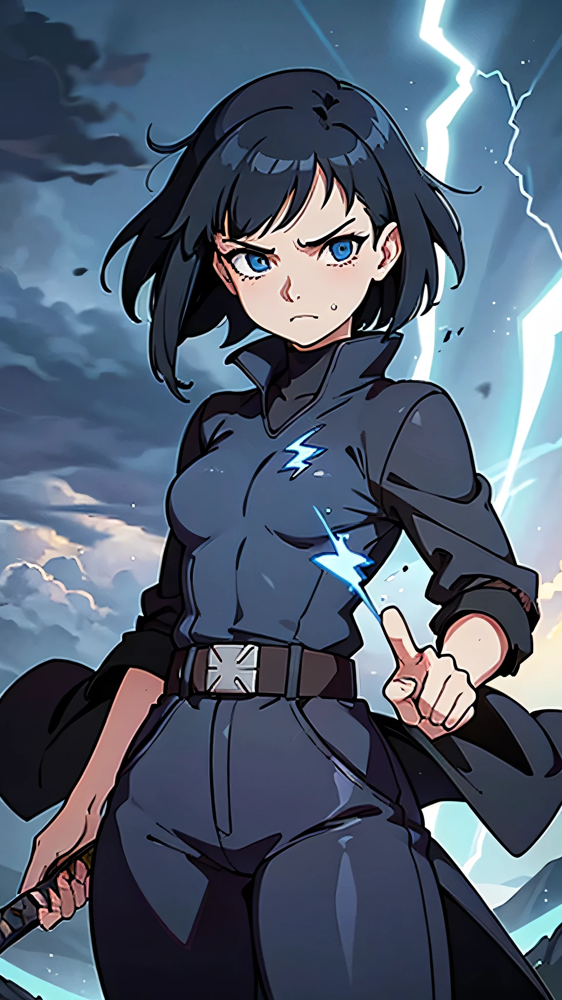 1girl, highly detailed, masterpiece, best quality, correct hands, small breasts, short black hair, blue eyes, black robe, black pants, blue shirt, purple vest, defined curves, smug look, satisfied look, mountain background, storm, lightning, stormy atmosphere, flying, floating above the ground, surrounded by lightning, static sparks, holding a sword
