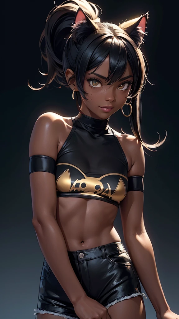 (high resolution, upper body, soft skin:1.2),(best illustration,masterpiece:1.2),ultra-detailed,[(cat ears , black inside:1.2, black ponytail hair, gold cat eyes, dark skin),vivid colors,sharp focus,studio lighting,bokeh, full body portrait, wearing a blue anime shirt, blue booty shorts, misty grass background, smiling 