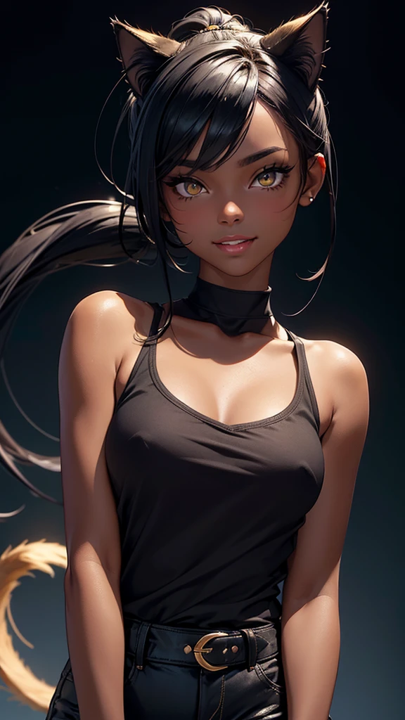 (high resolution, upper body, soft skin:1.2),(best illustration,masterpiece:1.2),ultra-detailed,[(cat ears , black inside:1.2, black ponytail hair, gold cat eyes, dark skin),vivid colors,sharp focus,studio lighting,bokeh, full body portrait, wearing a blue anime shirt, blue booty shorts, misty grass background, smiling