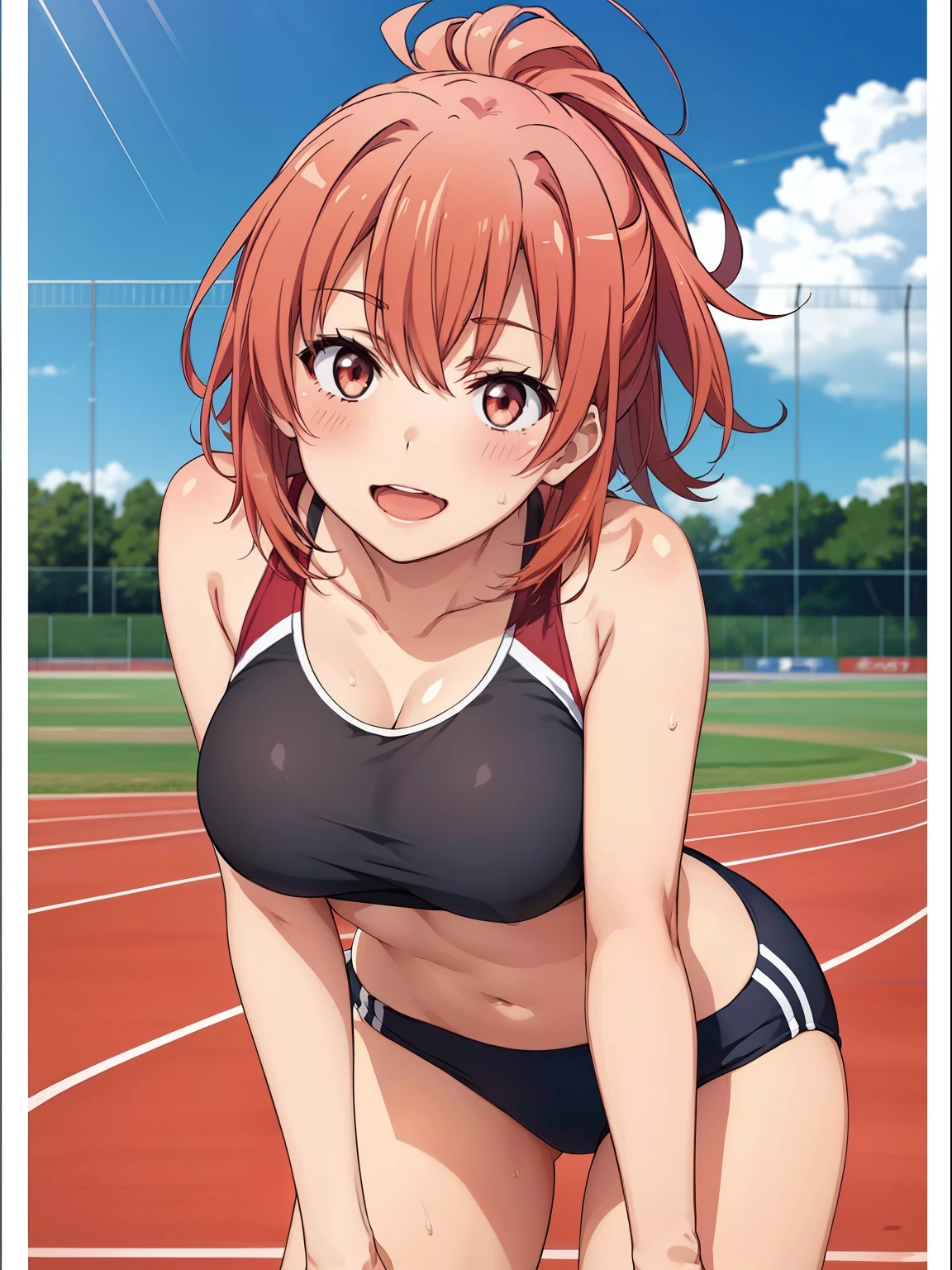 ((highest quality, High resolution, Perfect Pixel, Depth of written border, 4k)), 1 girl, (Beautiful Anime Girls), Depth of written boundary,
Watching the audience,
Perfect body,
yuigahama yui, short hair, ponytail、Big Breasts、
blush, Sweat、smile、(Leaning forward)、front、
rikujou, track and field,
sports bras, sports bikinis,White uniform、