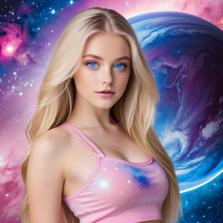 A beautiful blonde girl with long hair and blue eyes, wearing a pink crop top, poses in front of a planet and galaxy background.
