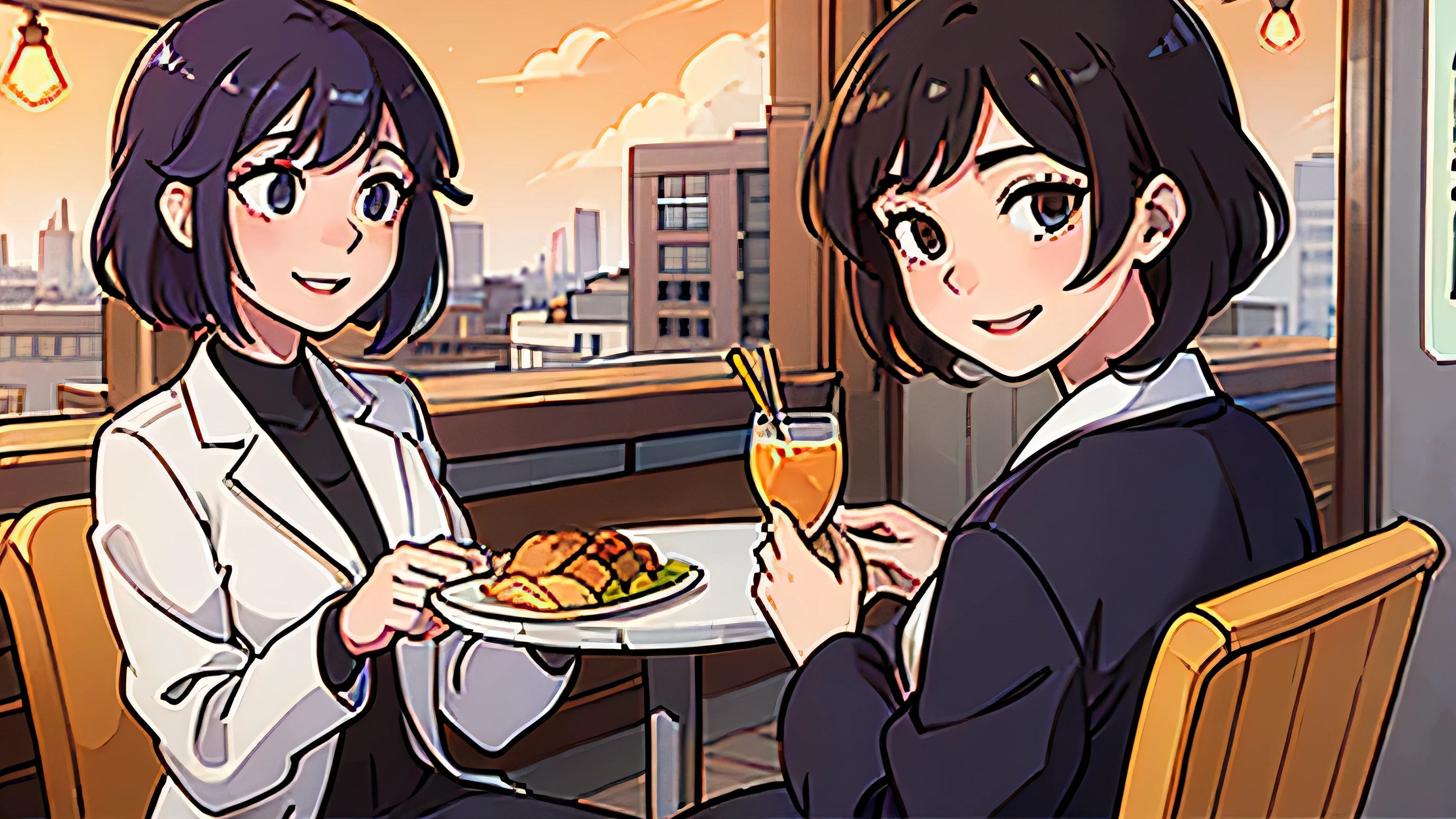 Woman in suit Daytime Cafe Enjoyable lunch time Japanese anime style smile Two Women terrace