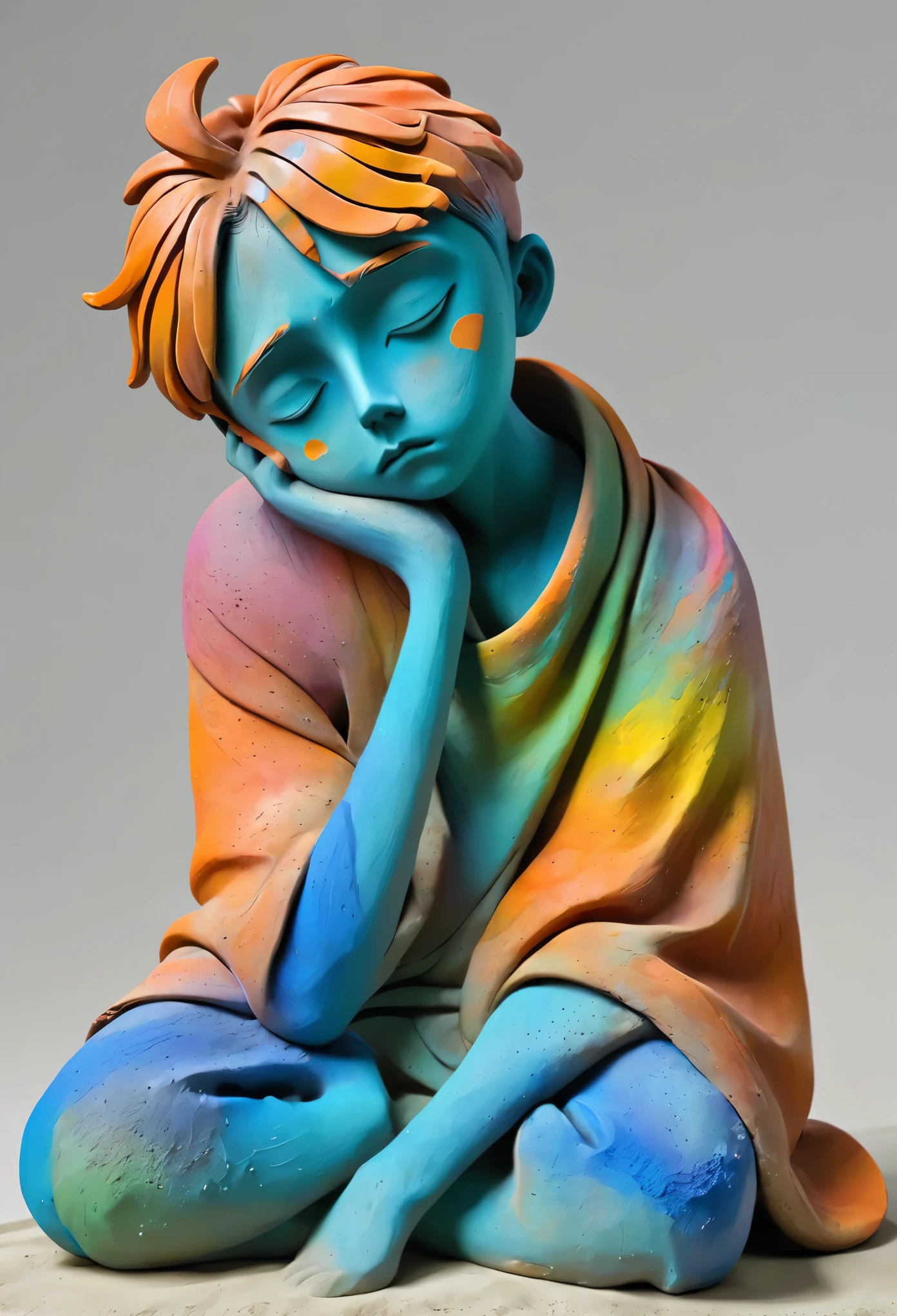 A sad clay boy，Fusion of colors