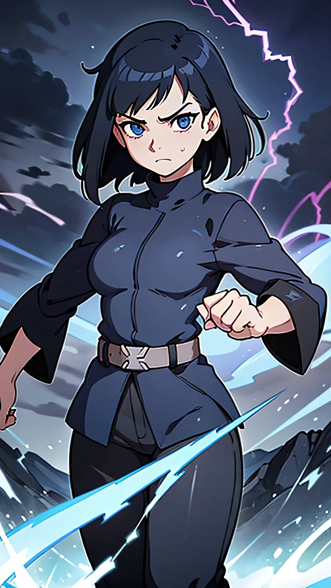 1girl, highly detailed, masterpiece, best quality, correct hands, small breasts, short black hair, blue eyes, black robe, black pants, blue shirt, purple vest, defined curves, smug look, satisfied look, mountain background, storm, lightning, stormy atmosphere, flying, floating above the ground, surrounded by lightning, static sparks, holding a sword