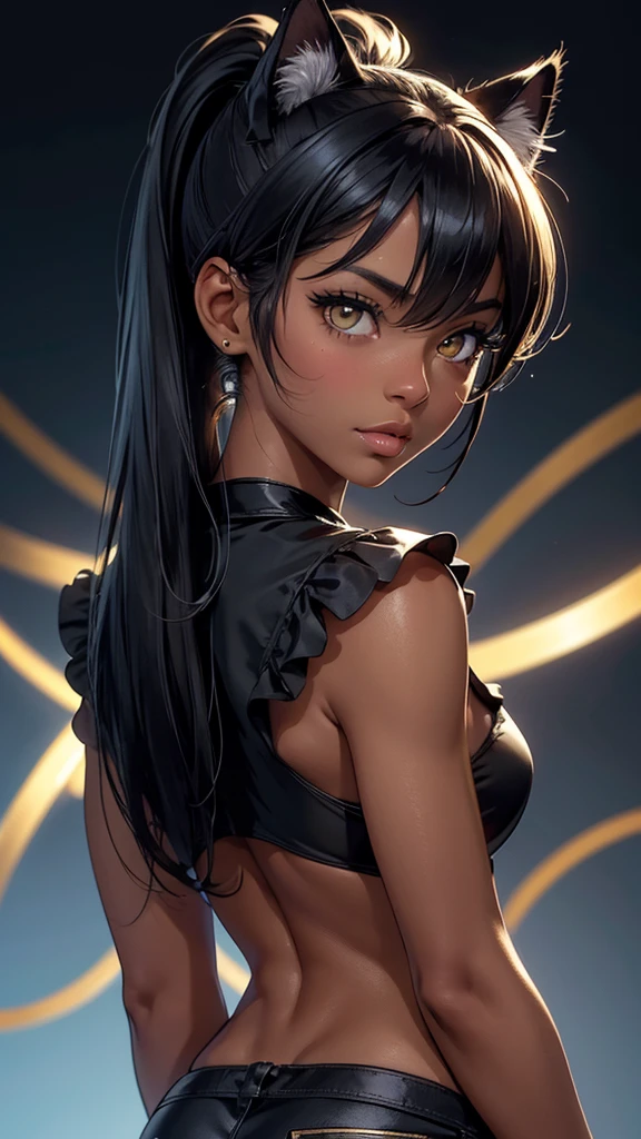 (high resolution, upper body, soft skin:1.2),(best illustration,masterpiece:1.2),ultra-detailed,[(cat ears , black inside:1.2, black ponytail hair, gold cat eyes, dark skin),vivid colors,sharp focus,studio lighting,bokeh, full body portrait, wearing a blue anime shirt, blue booty shorts, misty background, 