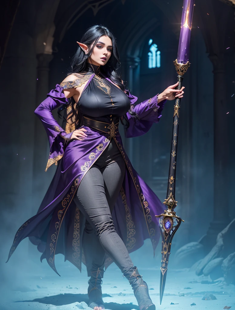 modelshoot style, (extremely detailed CG unity 8k wallpaper), full shot body photo of the most beautiful artwork in the world, beautiful woman, (((vivid purple eyes))), half-elf female wizard, conservatively dressed, modestly dressed, (buttoned up black sleeveless longcoat), (purple sleeves), (tight grey pants), (purple silk scarf), tied back silky shoulder length detailed black hair, (((fully clothed))), (dark gothic makeup), very light brown skin, (enormous breasts), small pointy ears, wide hips, hourglass figure, big booty, beautiful complexion, confident, alluring, gorgeous, Persian, powerful, magical realism, cinematic lighting