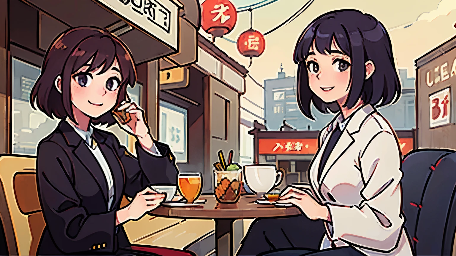 Woman in suit Daytime Cafe Enjoyable lunch time Japanese anime style smile Two Women terrace