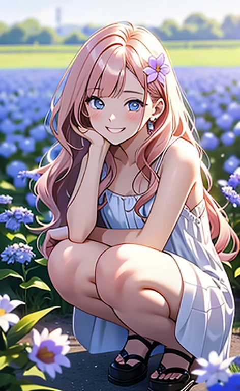 (masterpiece:1.4、top-quality、illustration:,realistic、)、(character focus、,cowboy shot:1.3)、(1girl),(very loud laugh:1.3),(),cute face,blue eyes、(tareme:1.3)、(),
(flower field:1.4),(squatting:1.4)、(),、
(pink blonde　hair),(very long hair:1.5)、
,(Flower Field:1.3、),（white camisole dress:1.5),
(blunt bangs),(,sidelocks,wavy hair:1.3), (small breasts)、
、slender、