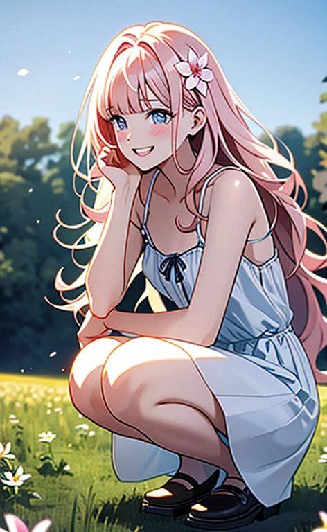 (masterpiece:1.4、top-quality、illustration:,realistic、)、(character focus、,cowboy shot:1.3)、(1girl),(very loud laugh:1.3),(),cute face,blue eyes、(tareme:1.3)、(),
(flower field:1.4),(squatting:1.4)、(),、
(pink blonde　hair),(very long hair:1.5)、
,(Flower Field:1.3、),（white camisole dress:1.5),
(blunt bangs),(,sidelocks,wavy hair:1.3), (small breasts)、
、slender、