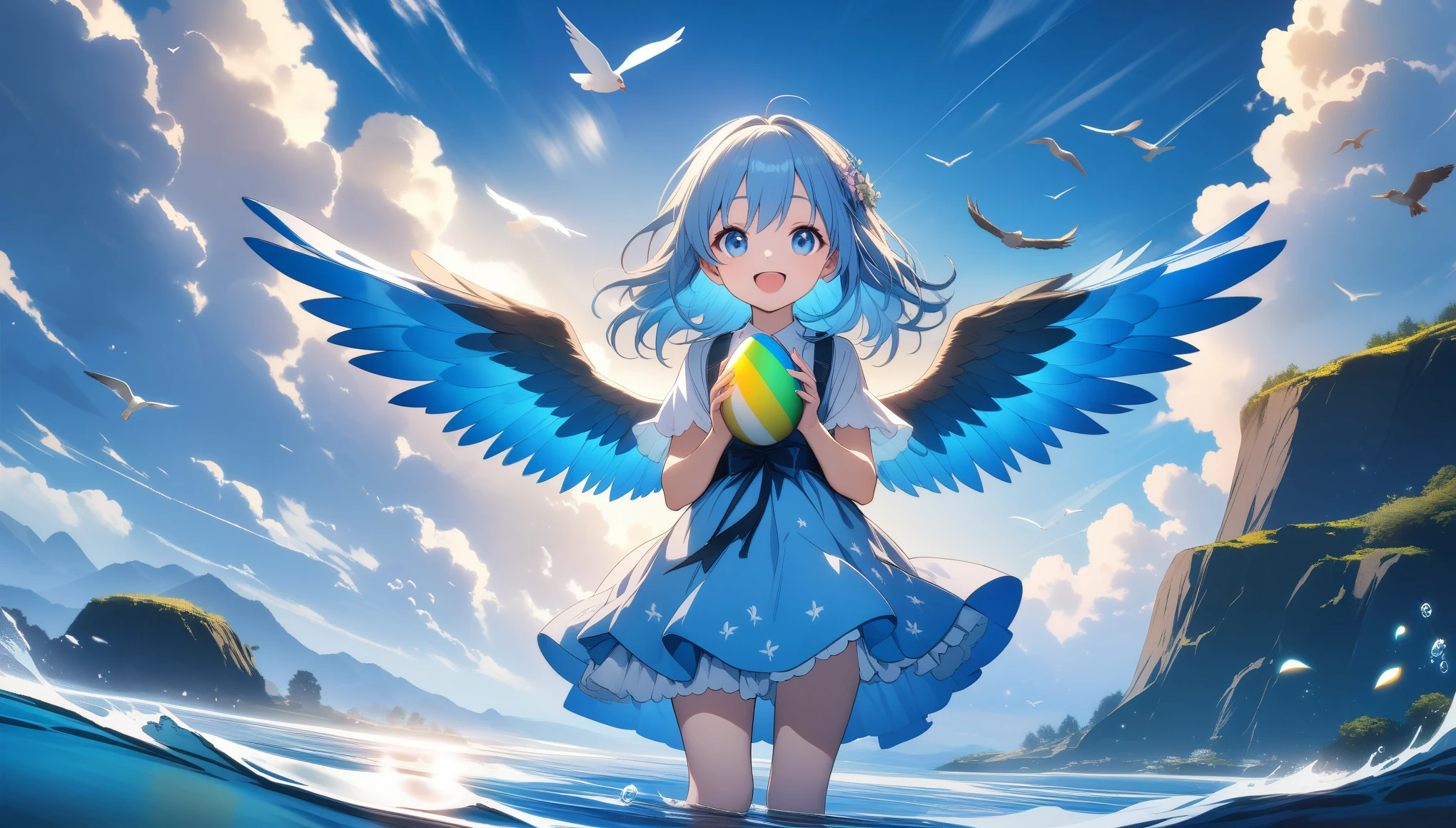 32k, best quality, ultra high res, HDR, UHD, extremely detailed CG, unity 32k wallpaper, A world full of eggs, 16 years old, Holding a rainbow-colored egg in both hands, Very cute girl, Blue Hair, blue eyes, A beautiful and cute blue dress, from the front, A very beautiful sea background, Standing on the water, Particles that glow blue, bird, cloud, Egg with wings, Close your mouth and smile happily,