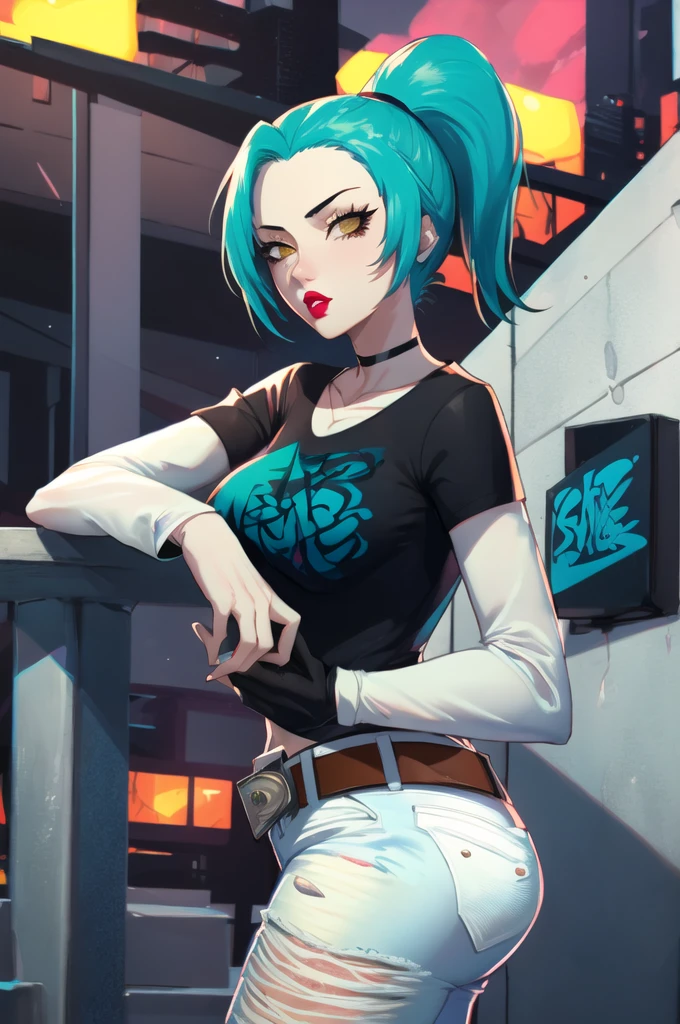 ((masterpiece,best quality)), absurdres,
Ember_McLain_Danny_Phantom, pony tail, aqua hair, 1girl, solo, standing, black t-shirt, white shirt, blue jeans, belt, lipstick, large breasts, layered sleeves