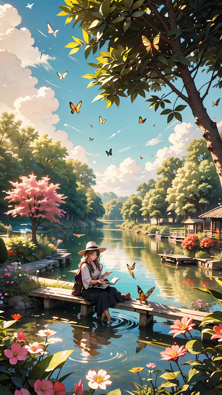 Depict a calm and peaceful lake, Surrounded by lush and colorful plants. On one of the riverbanks, White woman sitting, I read a book、Happy and satisfied. Around the lake, birdsong, etc.、There are other friendly animals too, Butterflies flutter、Dragonflies buzzing around. Create a magical and enchanting scene!  