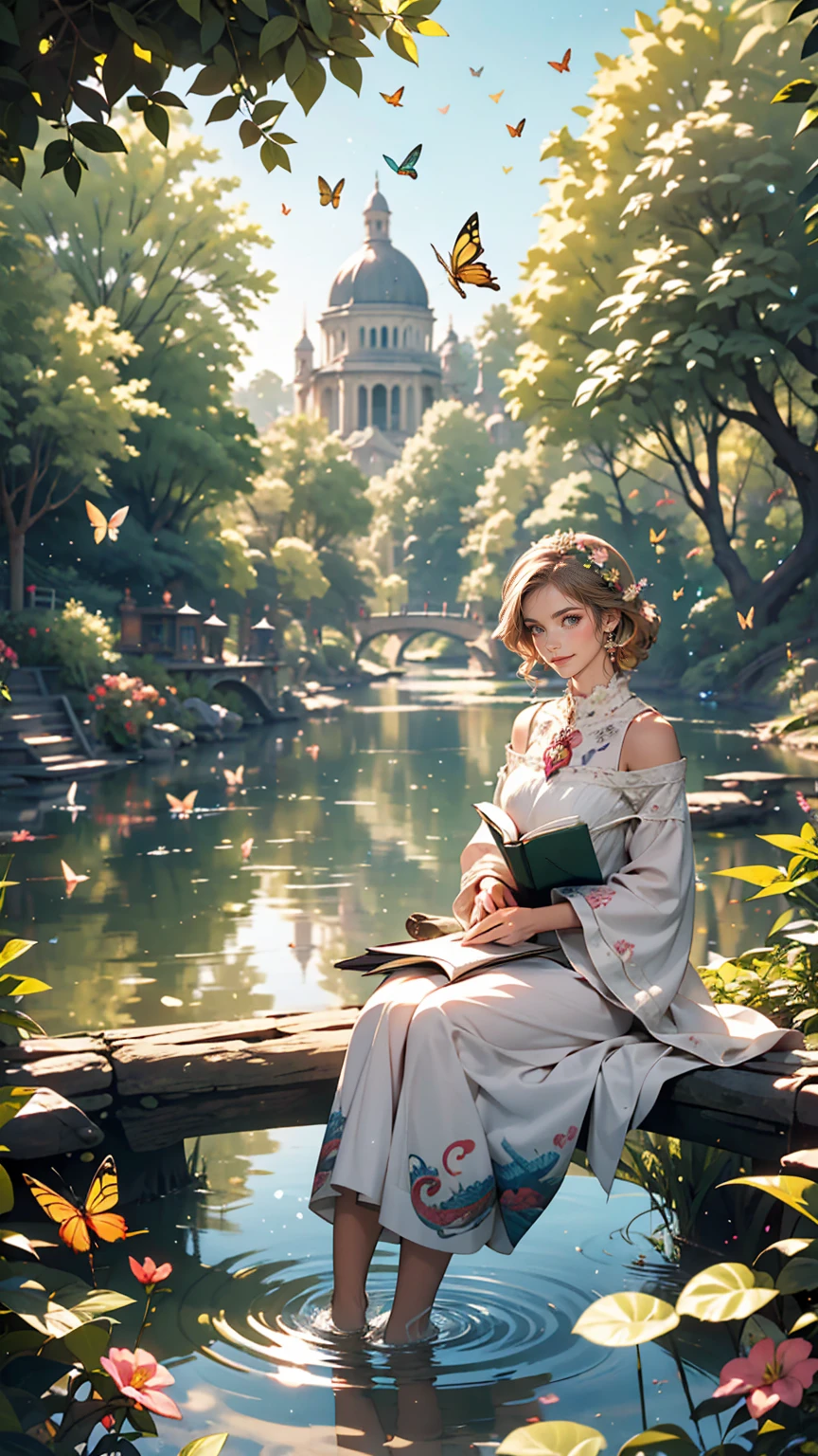 Depict a calm and peaceful lake, Surrounded by lush and colorful plants. On one of the riverbanks, White woman sitting, I read a book、Happy and satisfied. Around the lake, birdsong, etc.、There are other friendly animals too, Butterflies flutter、Dragonflies buzzing around. Create a magical and enchanting scene!