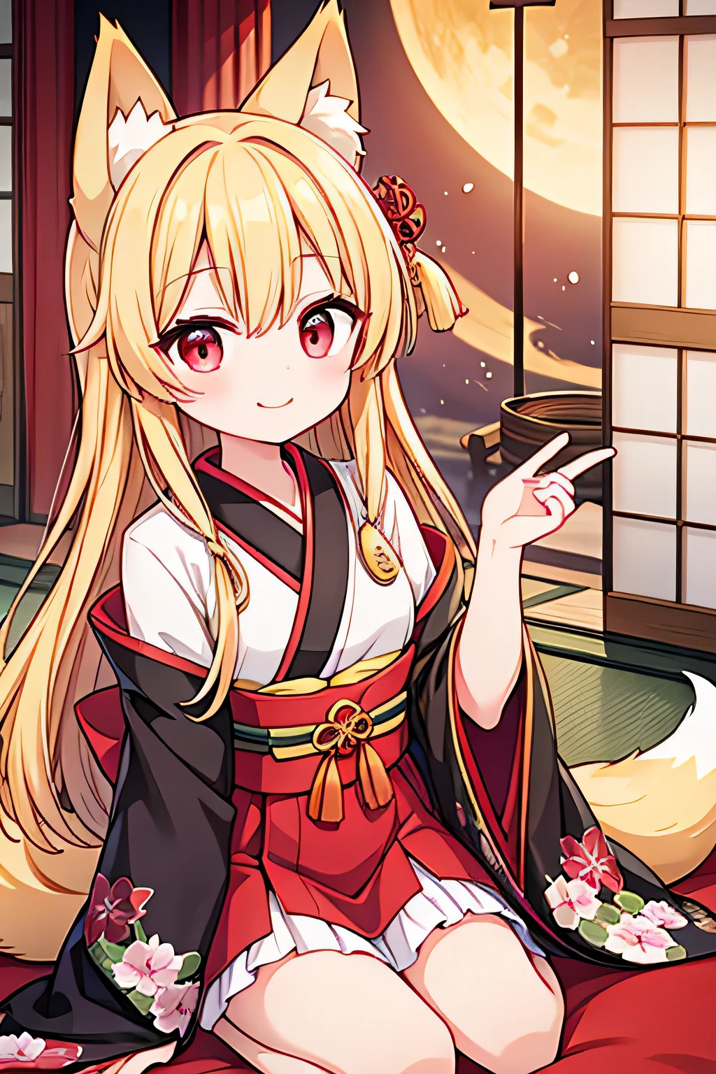 highest quality、smile、、Fox ears、Long blonde、Red Eye、kimono、Japanese-style room