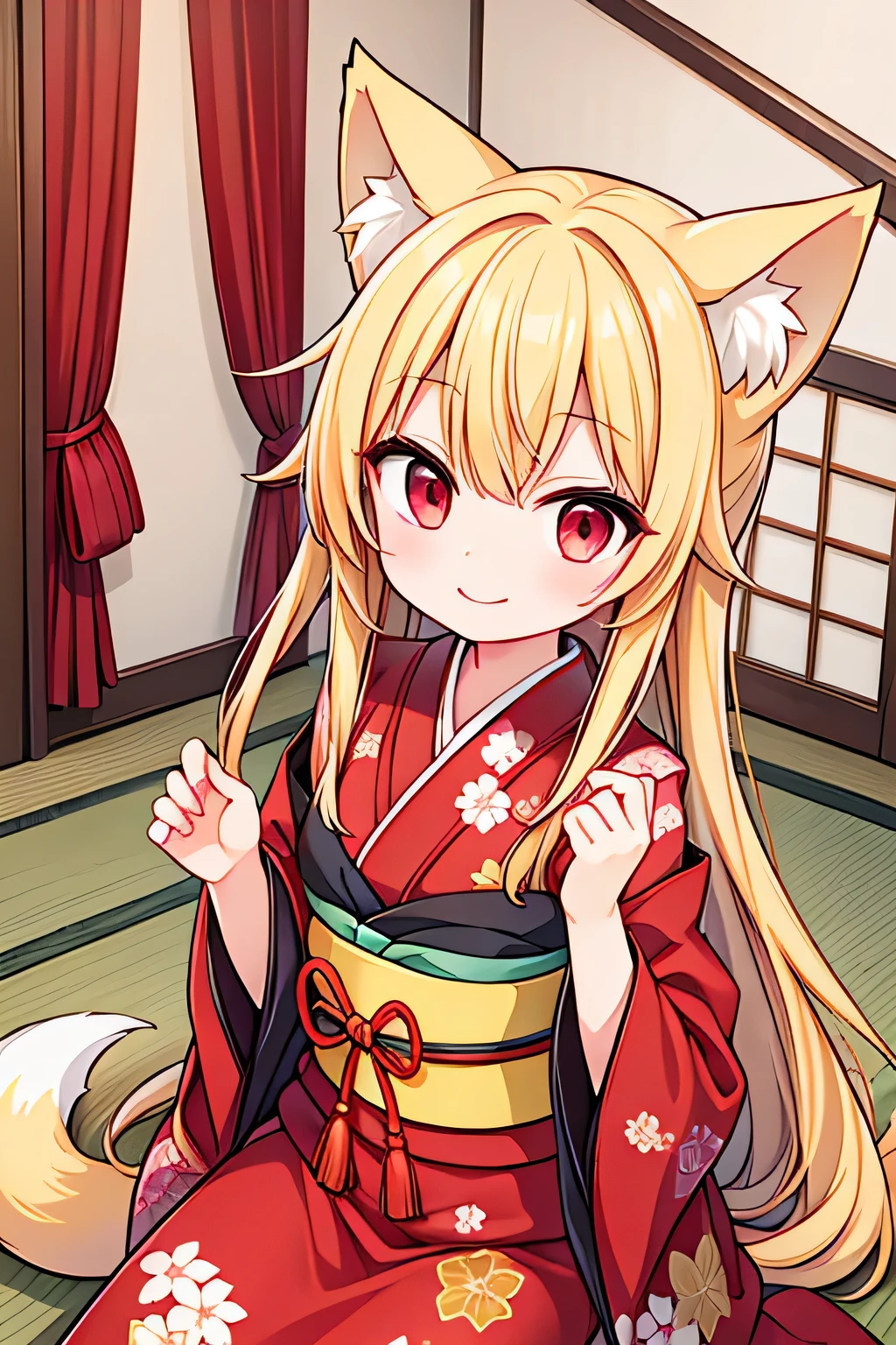 highest quality、smile、、Fox ears、Long blonde、Red Eye、kimono、Japanese-style room
