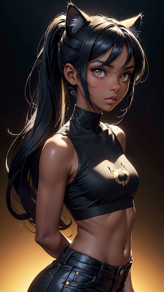 (high resolution, upper body, soft skin:1.2),(best illustration,masterpiece:1.2),ultra-detailed,[(cat ears , black inside:1.2, black ponytail hair, gold cat eyes, dark skin),vivid colors,sharp focus,studio lighting,bokeh, full body portrait, wearing a blue anime shirt, blue booty shorts, looking at viewer 