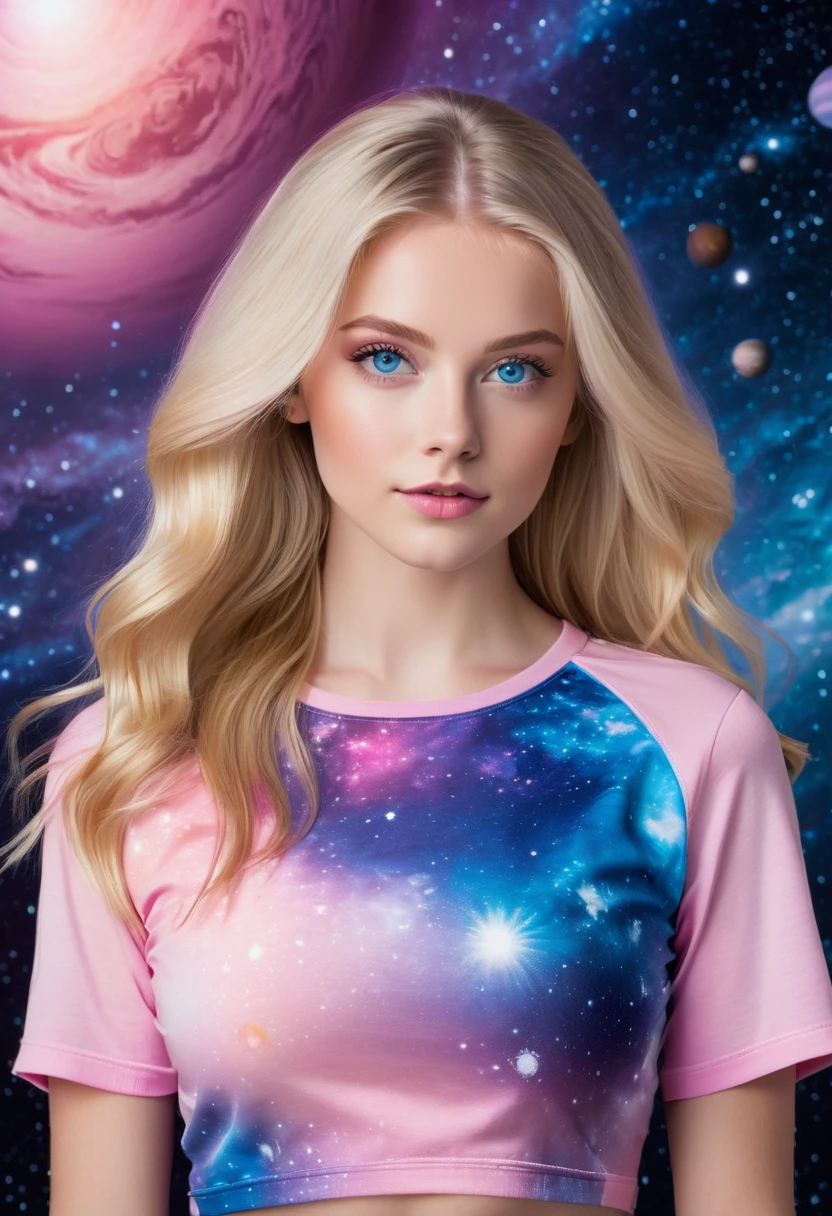 A beautiful blonde girl with long hair and blue eyes, wearing a pink crop top, poses in front of a planet and galaxy background.