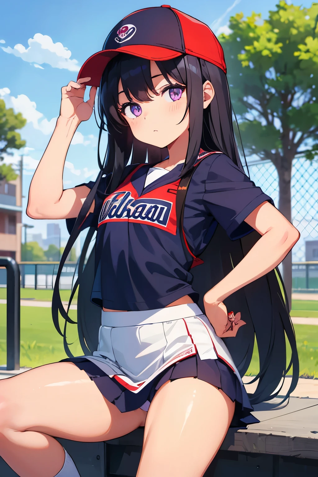 Elementary school girl 8-year-old Flat Chest Black Hair Long Hair Purple eyes 1 person Wearing a red baseball cap upper body baseball uniform Navy blue mini skirt White panties White socks sneakers Girl's Room Are standing Dynamic Angle Low Angle