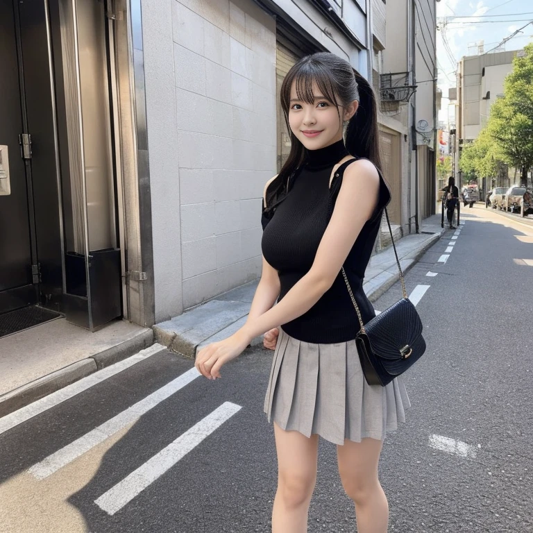  Japan Woman、young woman、23 years old、ponytail、(Black knit short sleeve shirt,High neck、The chest is round and free.、I can see her cleavage:1.3),Small breasts、(Light grey pleated skirt、mini skirt、The length is so short that you can see your buttocks.),Beautiful legs、slender、cute、Beauty、smile、(Photographed from diagonally in front),upright、(I have a shoulder bag、The shoulder straps dig into the cleavage of the breasts),Wearing shoes、Stylish