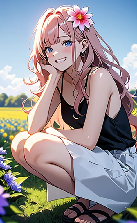 (masterpiece:1.4、top-quality、illustration:,realistic、)、(character focus、,cowboy shot:1.3)、(1girl),(very loud laugh:1.3),(),cute face,blue eyes、(tareme:1.3)、(),
(flower field:1.4),(squatting:1.4)、(),、
(pink blonde hair),(very long hair:1.5)、
,(Flower Field:1.3、),(white camisole dress:1.5),
(blunt bangs),(,sidelocks,wavy hair:1.3), (small breasts)、
、slender、