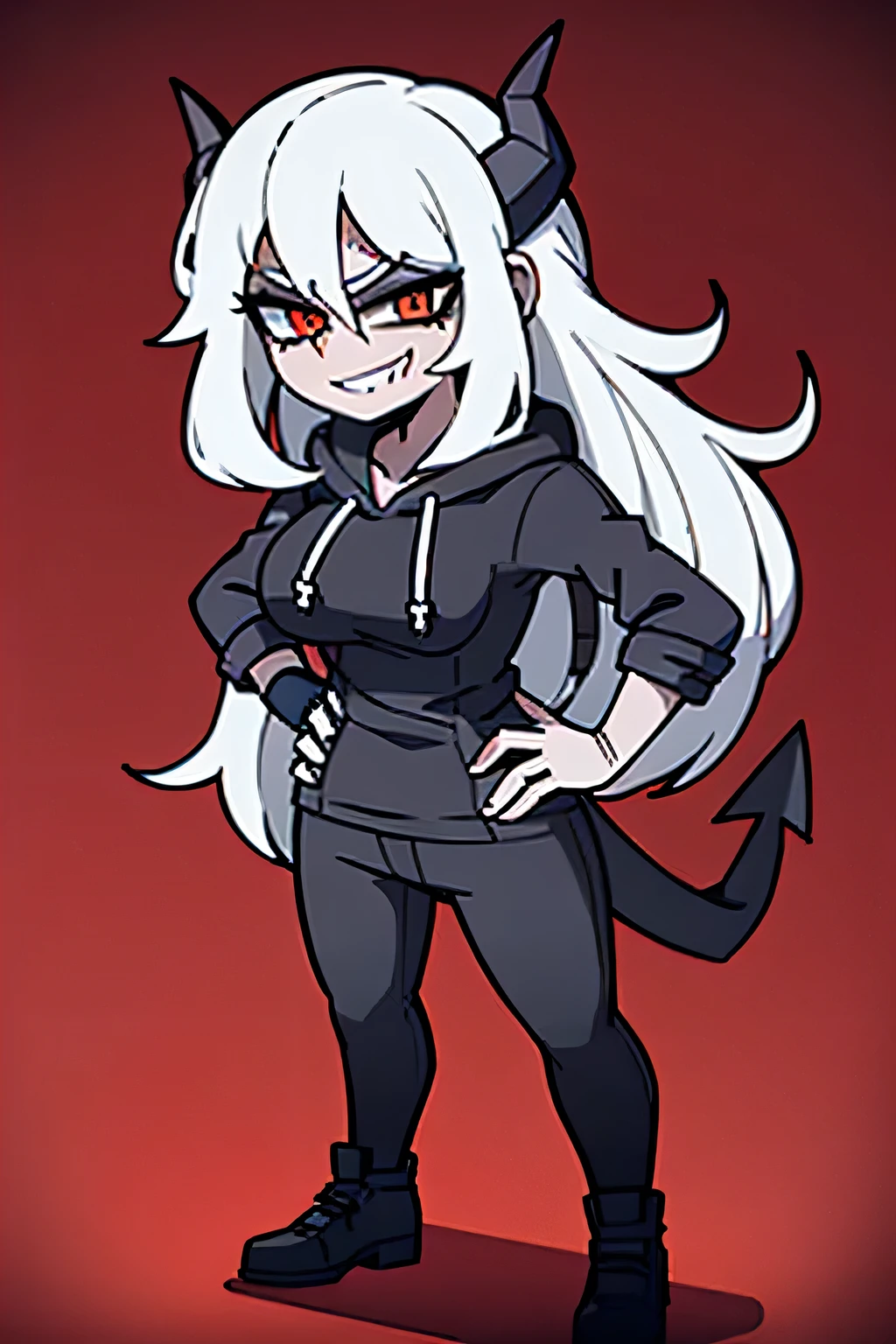 Woman, (((black hoodie))), standing, full body, white hair, ((long hair)), (black sweatpants), hands on hip, orange pupils, detailed body, detailed clothes, solo, red demon horns, front view, down view, (((standing straight))), night club, clenched teeth, (evil smile), high resolution, best quality, detailed body, full body, (sexy), good anatomy, ((tall woman)), demon tail, sexy, ((black gloves)), sexy, free hair, medium size breast