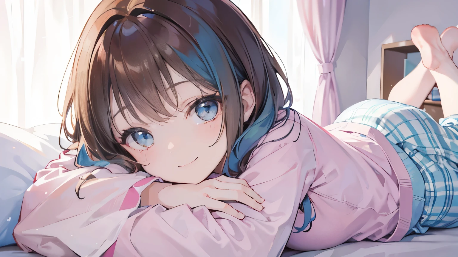 4K photo of a 6 year old girl with brown hair, light blue hair, wearing pajamas, lying on the bed with fun, smiling.