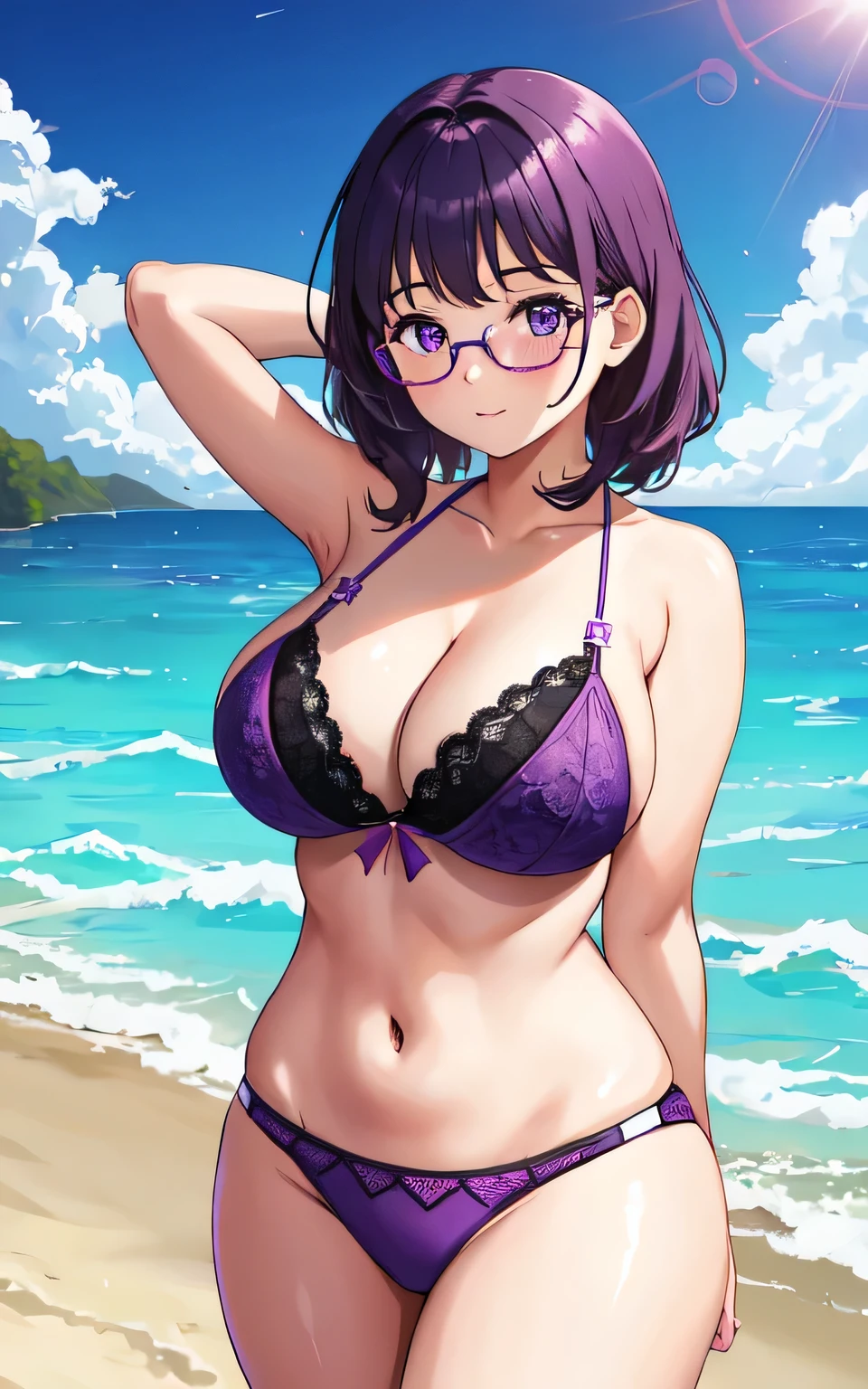 A with big breasts, plump body, round, in a purple lace bikini, on the beach, with glasses