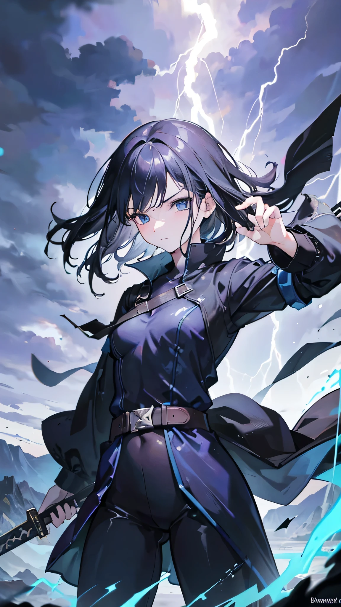 1girl, highly detailed, masterpiece, best quality, correct hands, small breasts, short black hair, blue eyes, black robe, black pants, blue shirt, purple vest, defined curves, smug look, satisfied look, mountain background, storm, lightning, stormy atmosphere, flying, floating above the ground, surrounded by lightning, static sparks, holding a sword