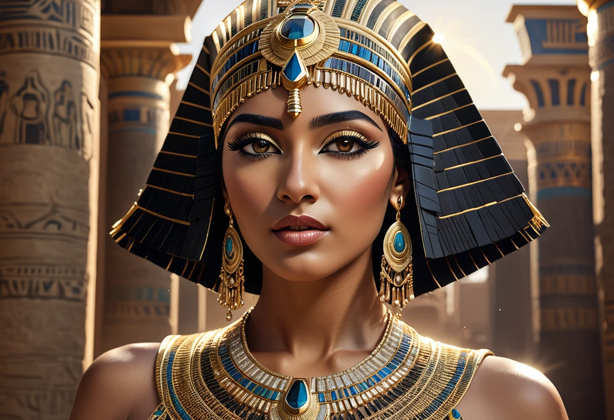 A majestic, cinematic portrait of Cleopatra, adorned in an opulent Egyptian headdress, featuring intricate golden filigree and a dazzling diamond-encrusted head chain. Her regal presence is captured in stunning 8K realism, with subtle, sun-kissed skin tones and luscious, dark hair that cascades down her back like the Nile itself.