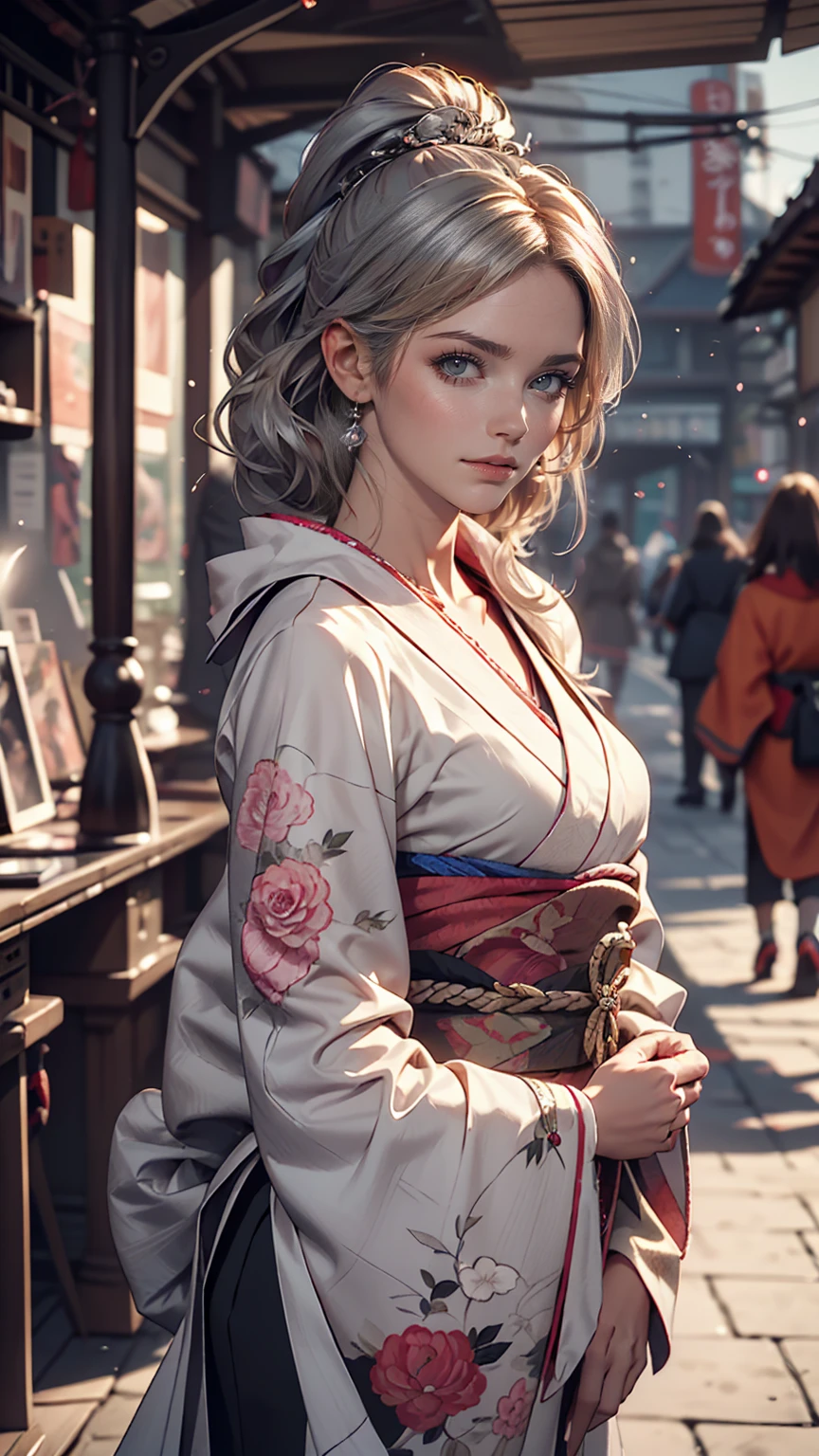 (Dramatic digital art:1.3) of,(Lively:1.3) portrait of female (Snezana Sakovich 2:1.1) wear Kimono, Style - Silver Magic, Stylish girl,society,Art Station