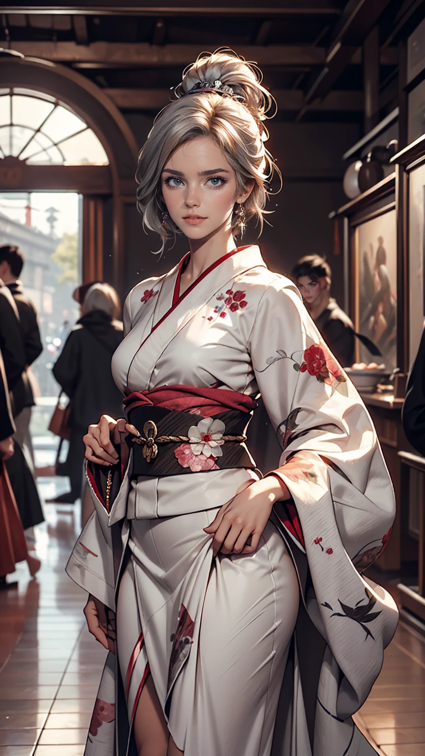 (Dramatic digital art:1.3) of,(Lively:1.3) portrait of female (Snezana Sakovich 2:1.1) wear Kimono, Style - Silver Magic, Stylish girl,society,Art Station