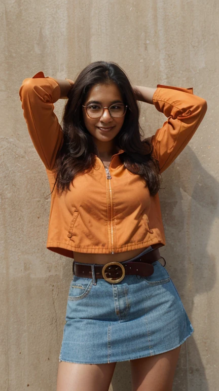 masterpiece, best quality, bustu indian girl, glasses, orange jacket, detached sleeves, orange skirt, belt, cowboy shot, arms behind head, against wall, smile