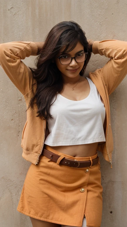 masterpiece, best quality, bustu indian girl, glasses, orange jacket, detached sleeves, orange skirt, belt, cowboy shot, arms behind head, against wall, smile 