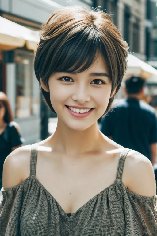 shopping street、Public places、、(disheveled extra fluffy pixie cut:1.2)、8K、Raw photography。top-quality、hightquality、Extreme Detail Photography、Eye for extreme detail、Super Detail Face、Hair in super detail、Super detail body、(Photography Lighting:1.3)、1girl in、The face is about .、Puffy eyes、Eyes in good shape。Brown-eyed、dark brown short hair、good lips、Small lipedium chest:1.3)、good breasts、Natural makeup、Raw photo, Best Quality, masutepiece, ultra-detailliert, 超A high resolution, Realistic, (off-shoulder dress:1.2)、(detailed fabrics:1.3), cleft chin, (slanted eyes), (windsor glassses:1.2), (crooked tooth:1.2), smiling widely,cleavage,
