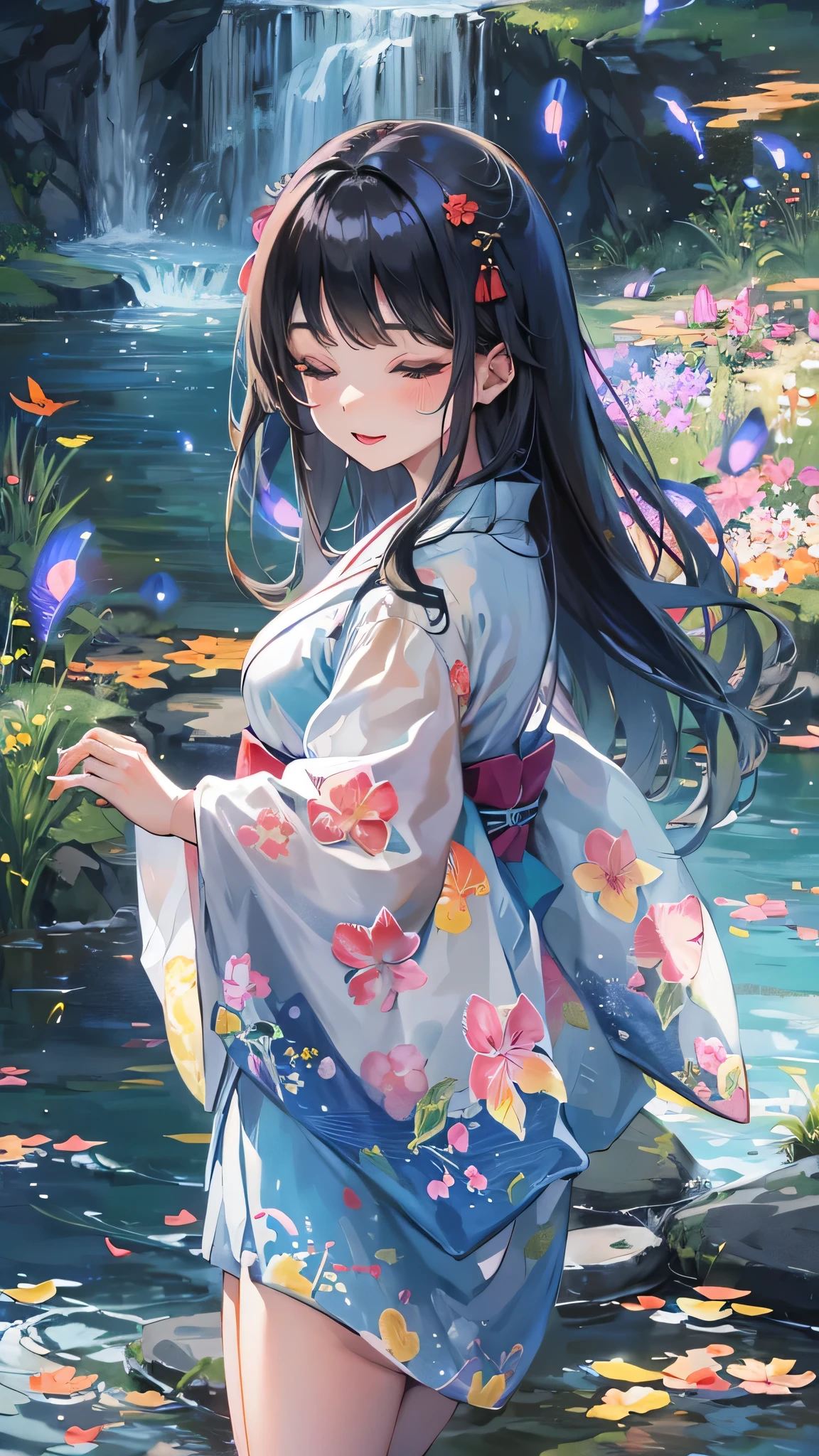 ((Summer Japanese clothing style)) (in a cute summer blue Kimono with Iris sanguinea), (solo blunt bangs black hair long hair sexy girl, 15, yo, sexy closed eyes, lovely smile), break, (in the Mountain stream park) ((with iris sanguinea:1.3)) (((dancing fireflies:1.2 in night))), fantastic mood, perfect ???????, masterpiece, best quality, 16k.