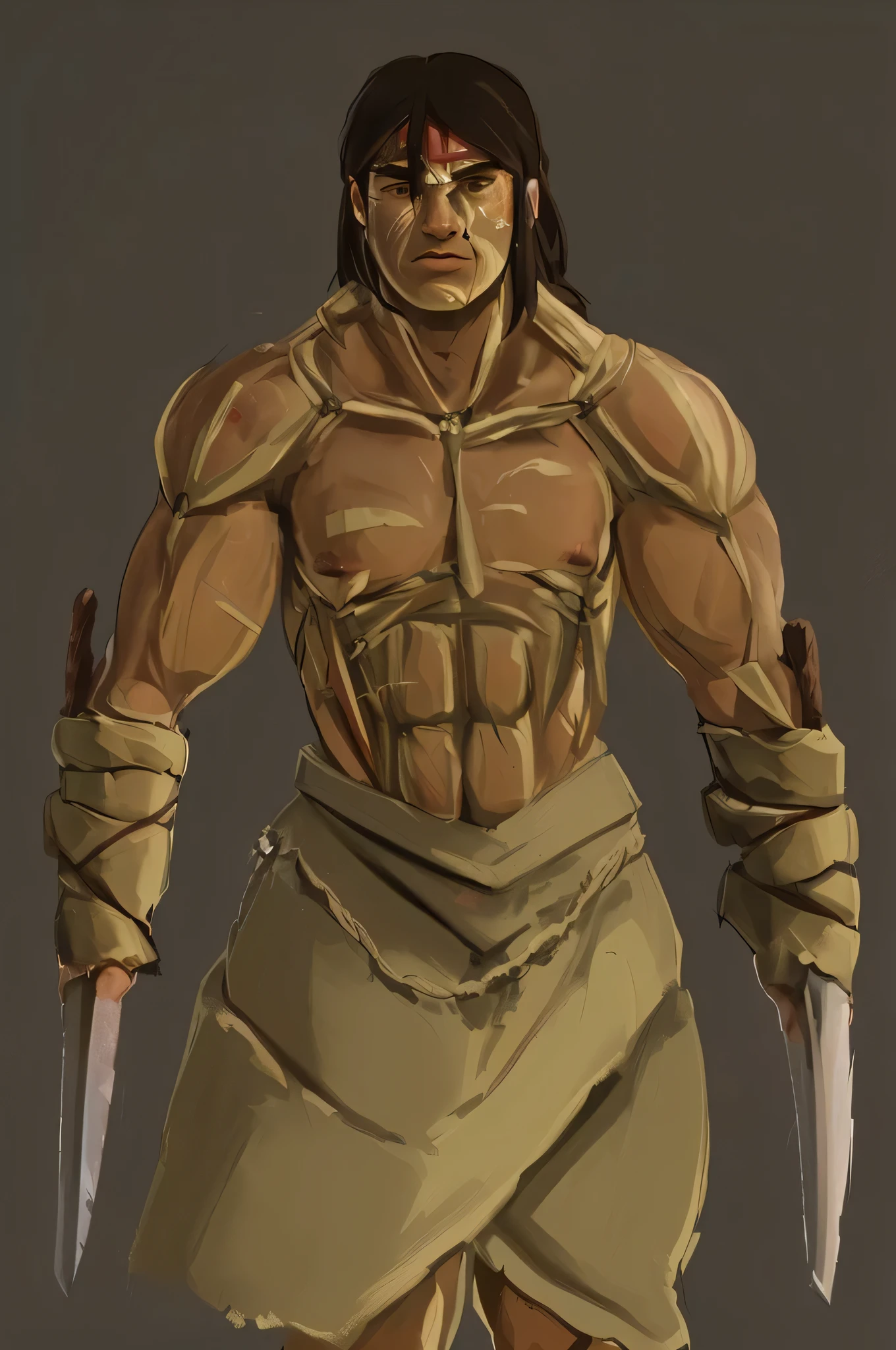 Visualization of the Mapuche Hero legend: Unconquered spirit Galvarino - warrior, who laughed in the face of torture (The man carried iron hooks on his hands, replacing missing limbs with them) long blades replace hands, naked muscular body