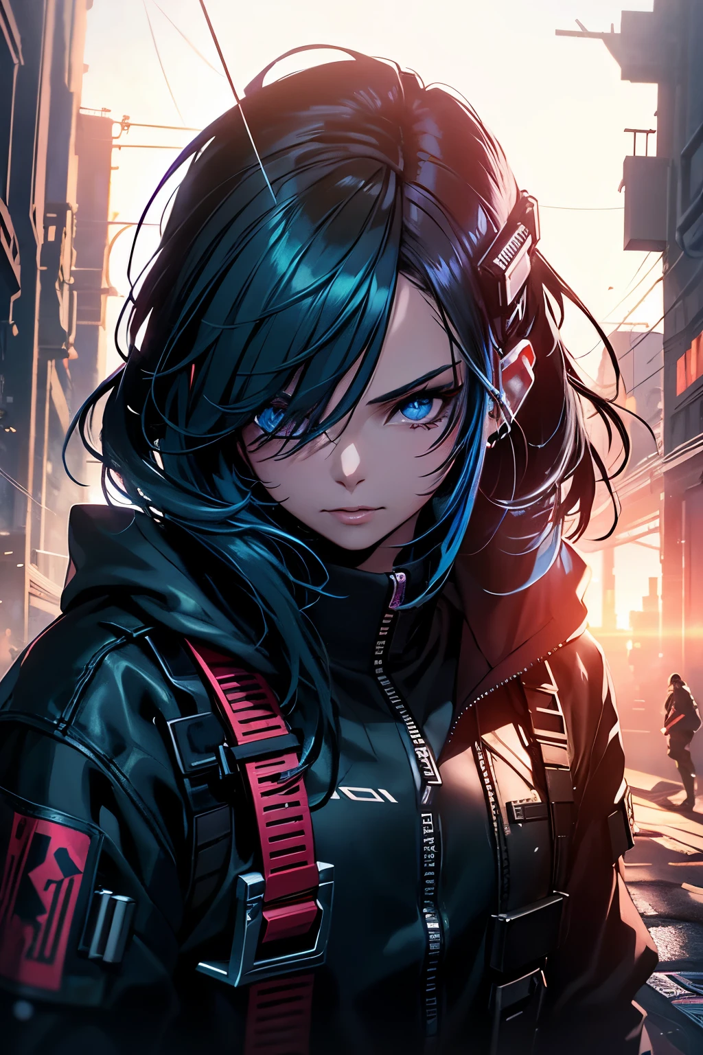Wearing cyberpunk complex streetwear, beautiful, girl, detailed portrait, 4 K, bright colors, concept art, cinematic dramatic atmosphere, sharp focus, volumetric lighting, cinematic lighting, studio quality