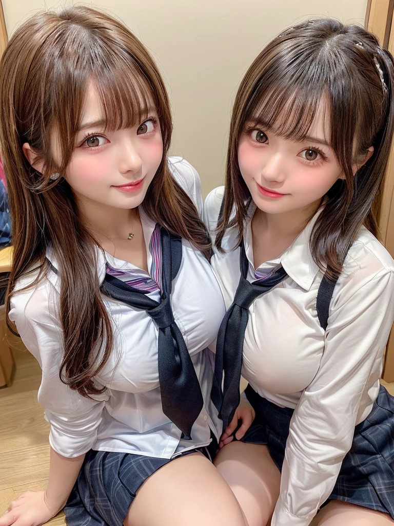 Browsing Caution, ((masterpiece)), ((highest quality)), (Very detailed), ((cute)), cute, (Multi-point), ((sexy)), (device), ((Very detailed)), 4K, (8k), highest quality, (beautiful), hyper cute face, shape, Anime Style,hyper Genuineistic, Genuine, Dynamic Angle, ((whole body)), close, Thick outline, Clear contours, at school, (Two Girls, 2 cute girls:1.5), (Schoolgirl Uniform :1.5), beautiful light brown hair, beautiful brown eyes, ((beautiful eyes)), (Spread your legs out to the side:1.5), ((short hair)), smile、(Look Viewer:1.3)、((Big Breasts:1.5))、((Lifting her skirt to show her vagina:1.5)),(胸のshapeを強調した制服:1.5)