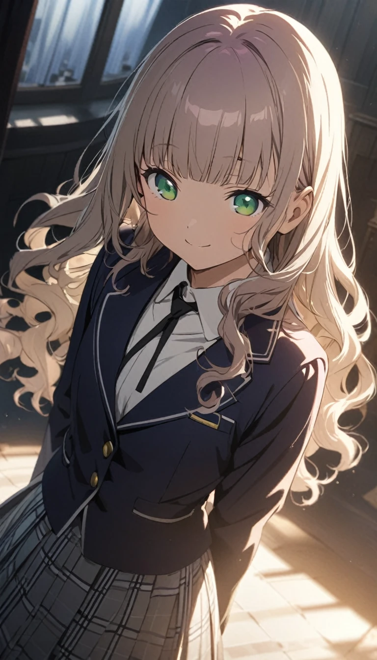 (Cute a girl:1.5), (masterpiece:1.3), anime visual, (school uniform Navy blazer, black ribbon tie, white blouse, checked skirt:1.3 ), (Lovey-dovey:1.5), (tilt head:1.3), extremely delicate face, soft clean focus, realistic lighting and shading, (an extremely delicate and beautiful art:1.3), elegant, (muted colors:1.1),(a girl withlavender-colored wavy hair and blunt bangs hair and green eyes:1.4), flat chest,slim,smile,Slender, A smile like the sun, a flawless performance,
behavior that seems invincible,
and naturally drawn eyes,