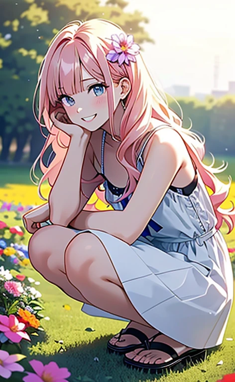 (masterpiece:1.4、top-quality、illustration:,realistic、)、(character focus、,cowboy shot:1.3)、(1girl),(very loud laugh:1.3),(),cute face,blue eyes、(tareme:1.3)、(),
(flower field:1.4),(squatting:1.4)、(),、
(pink blonde　hair),(very long hair:1.5)、
,(Flower Field:1.3、),（white camisole dress:1.5),
(blunt bangs),(,sidelocks,wavy hair:1.3), (small breasts)、
、slender、