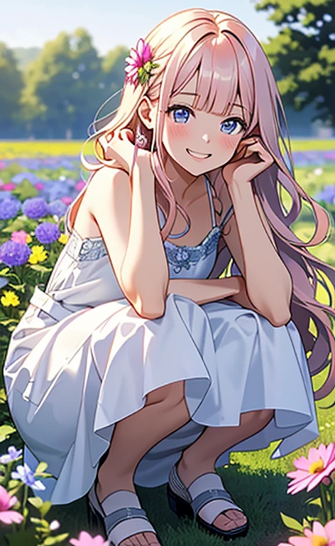 (masterpiece:1.4、top-quality、illustration:,realistic、)、(character focus、,cowboy shot:1.3)、(1girl),(very loud laugh:1.3),(),cute face,blue eyes、(tareme:1.3)、(),
(flower field:1.4),(squatting:1.4)、(),、
(pink blonde hair),(very long hair:1.5)、
,(Flower Field:1.3、),(white camisole dress:1.5),
(blunt bangs),(,sidelocks,wavy hair:1.3), (small breasts)、
、slender、